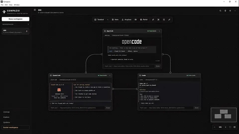 Canvas do Compazio com OpenCode, Claude Code e Codex abertos em nós conectados.